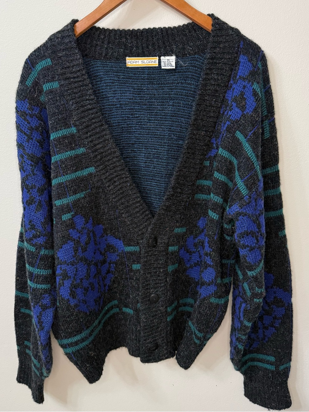 Vintage Adam Sloane Floral Grandpa Cardigan Sweater Blue Black 90s Medium